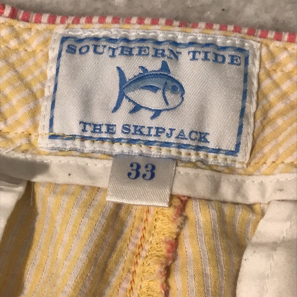 Southern Tide Skipjack Shorts Mens 33 Red White Stripe Seersucker Cotton Flat - Picture 7 of 8